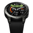 Black GPS smart watch with digital display showing time, steps, heart rate, and temperature