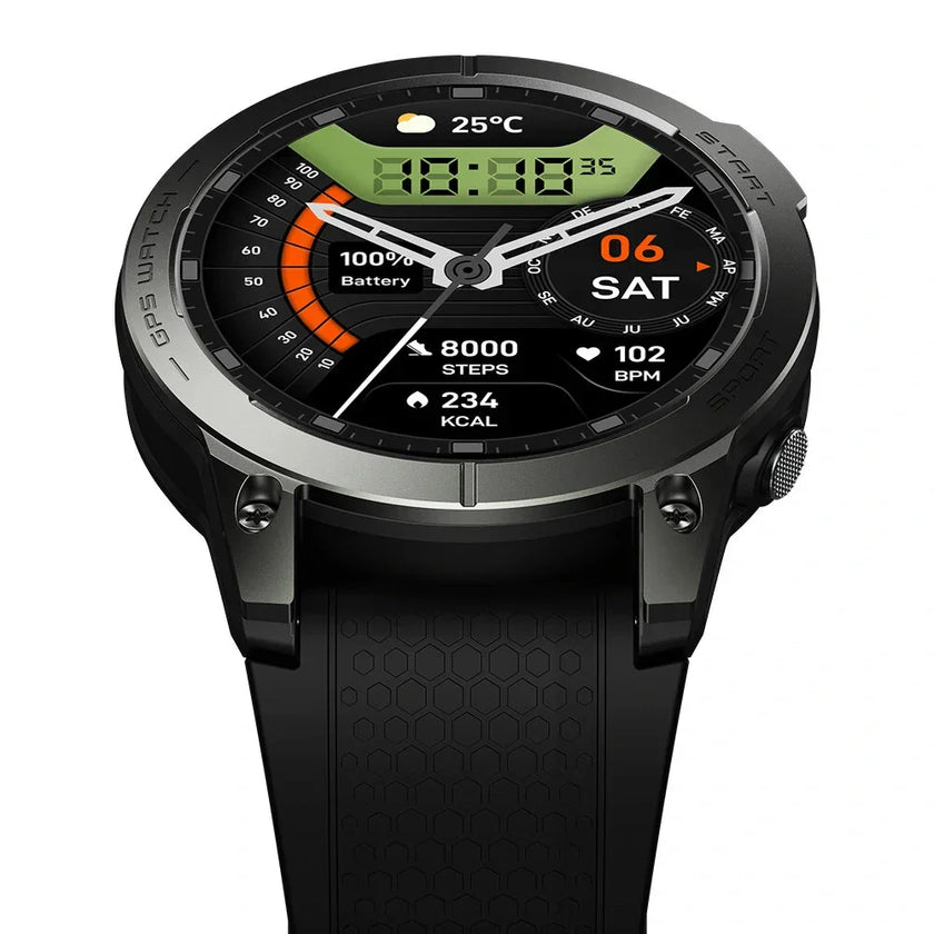 Black GPS smart watch with digital display showing time, steps, heart rate, and temperature