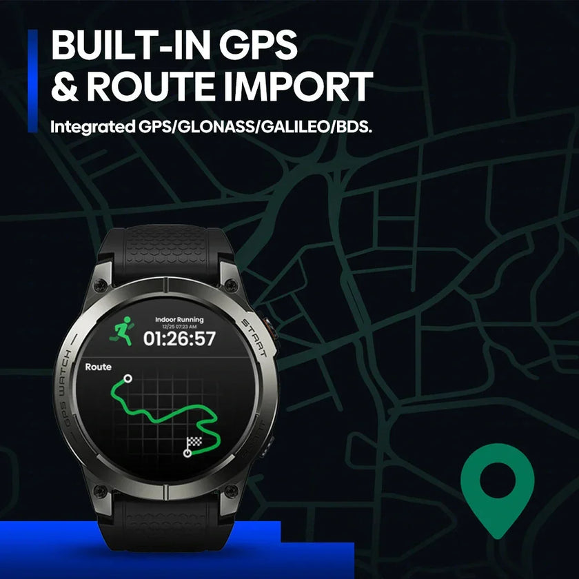 Smartwatch with built-in GPS and route import, black band, fitness tracking display