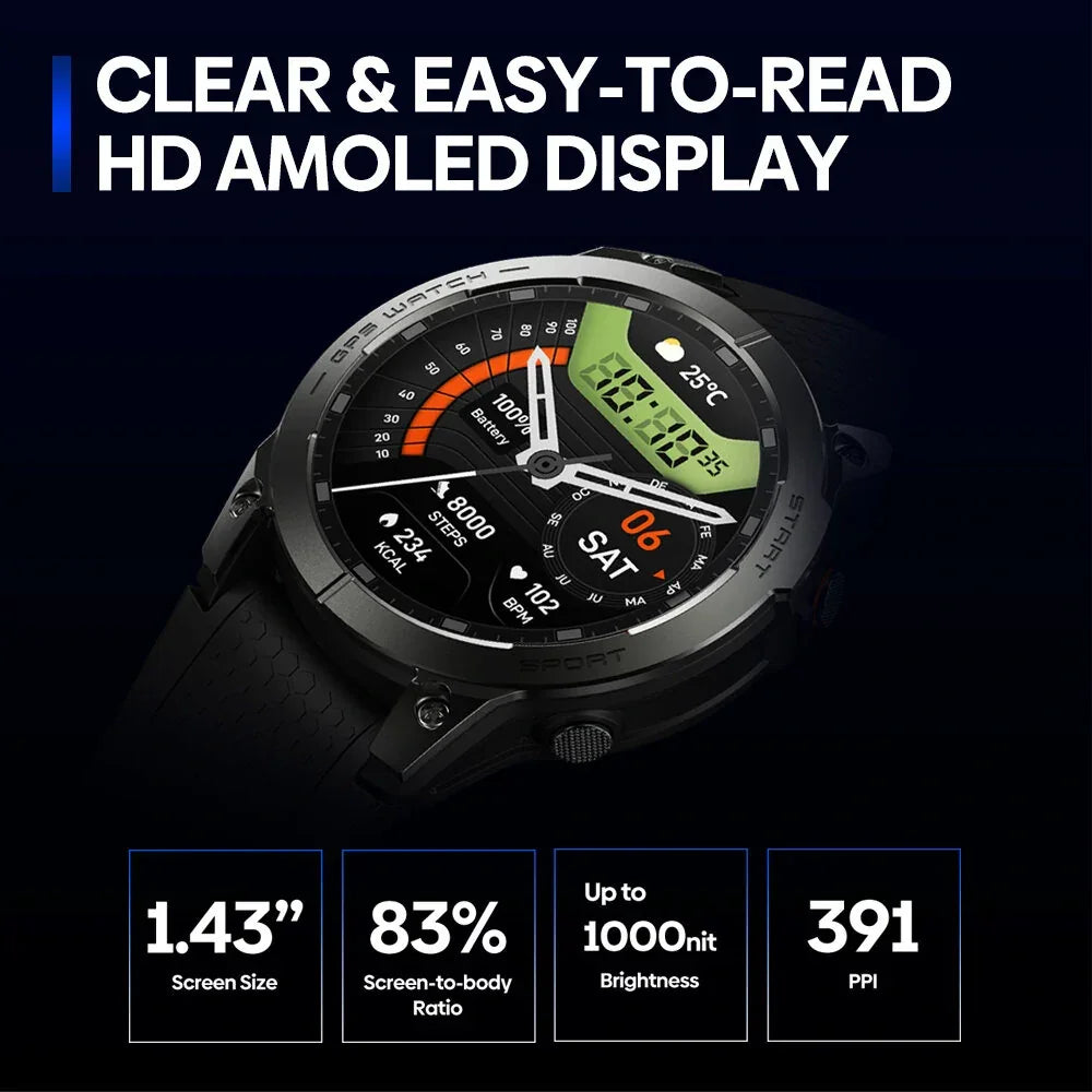 Smartwatch with HD AMOLED display, fitness tracking, 1.43-inch screen, and 1000 nit brightness.