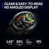 Smartwatch with HD AMOLED display, fitness tracking, 1.43-inch screen, and 1000 nit brightness.