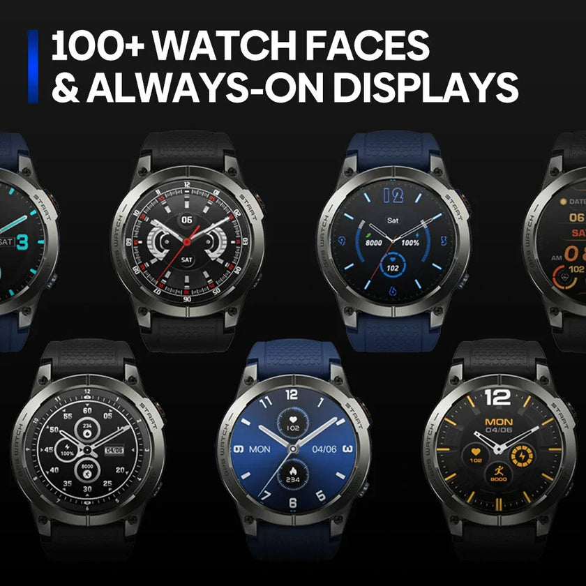Smartwatches with various digital watch faces and always-on display feature on black background.