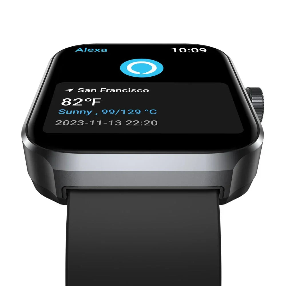 Smartwatch displaying Alexa voice assistant, San Francisco weather, and temperature alerts