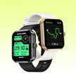 Two smartwatches with fitness tracking display, black and gold cases, on gradient background