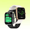 Two smartwatches with fitness tracking display, black and gold cases, on gradient background