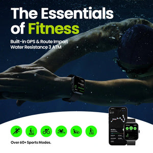 Swimmer underwater wearing fitness smartwatch, phone apps and sports icons displayed, GPS and water resistance highlighted.