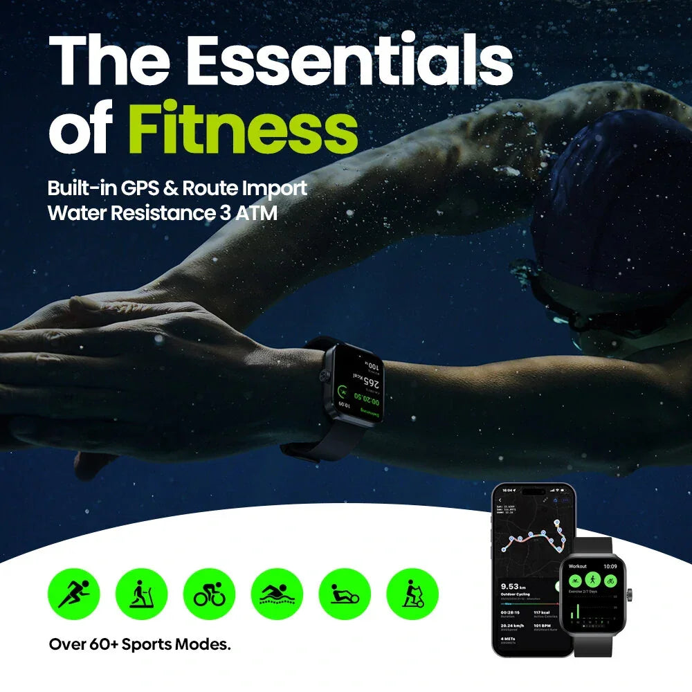 Swimmer underwater wearing fitness smartwatch, phone apps and sports icons displayed, GPS and water resistance highlighted.