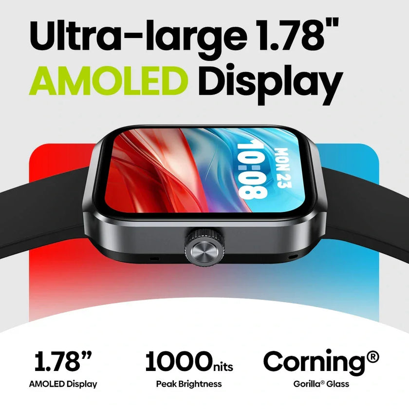 Smartwatch with ultra-large 1.78-inch AMOLED display, 1000 nits, Corning Gorilla Glass