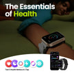 Woman sleeping with a health smartwatch, fitness tracker app and icons in the foreground