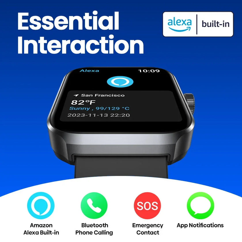 Smartwatch with Alexa built-in, weather display, and feature icons on blue background