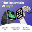 Two stylish smartwatches with digital displays, black and white bands, on a purple background.