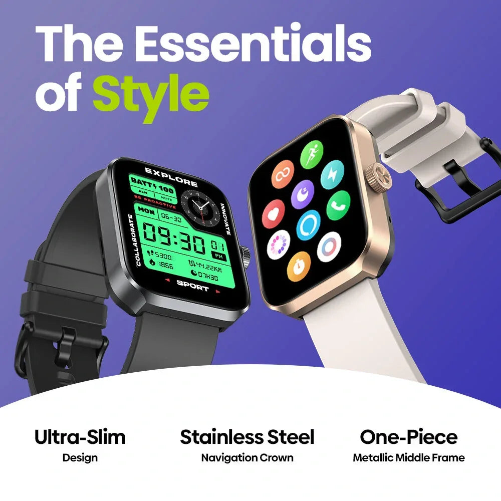 Two stylish smartwatches with digital displays, black and white bands, on a purple background.