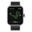 Black smartwatch showing running route and 7.38 km distance on fitness tracker display