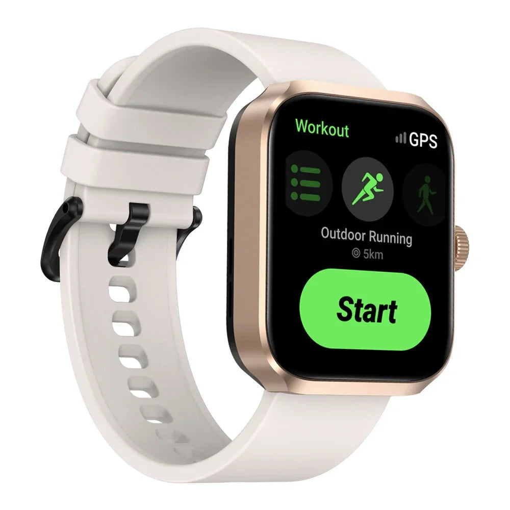 Smartwatch with white strap displaying outdoor running workout GPS mode on screen