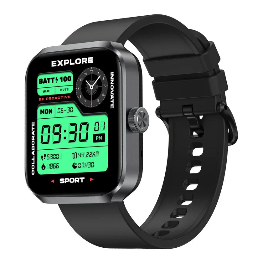 Black digital sports smartwatch with green display, fitness tracking and silicone band