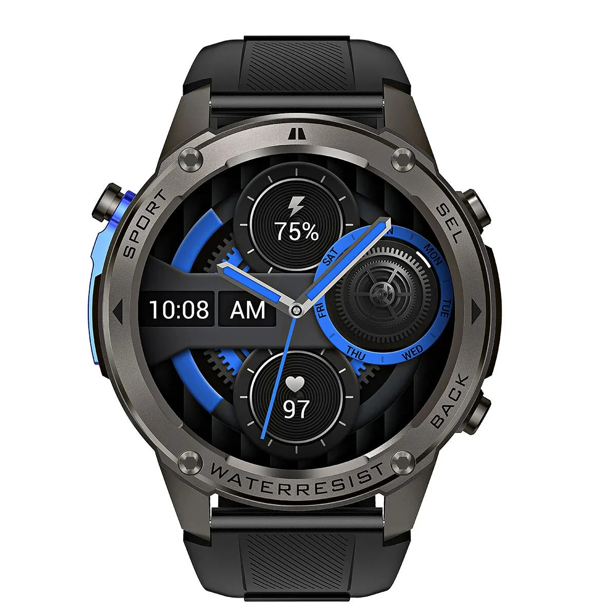 Black and silver water-resistant smartwatch displaying time, battery, and heart rate