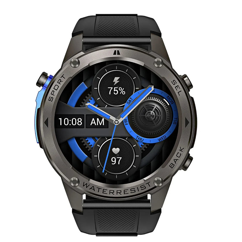 Black and silver water-resistant smartwatch displaying time, battery, and heart rate