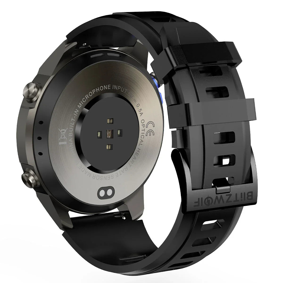 BlitzWolf smart watch back view with black silicone strap and optical heart rate sensor