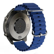 Smartwatch back view with blue silicone strap, optical heart rate sensor, and metal case