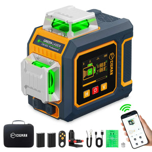Cigman green laser level with accessories, display screen, and smartphone app control