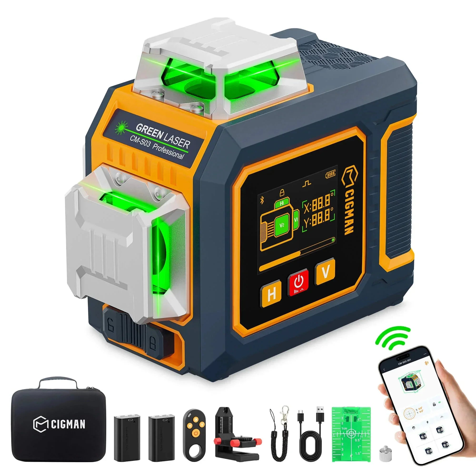 Cigman green laser level with accessories, display screen, and smartphone app control