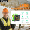 Construction worker with orange hard hat next to Cigman 3x360° green laser level in building site