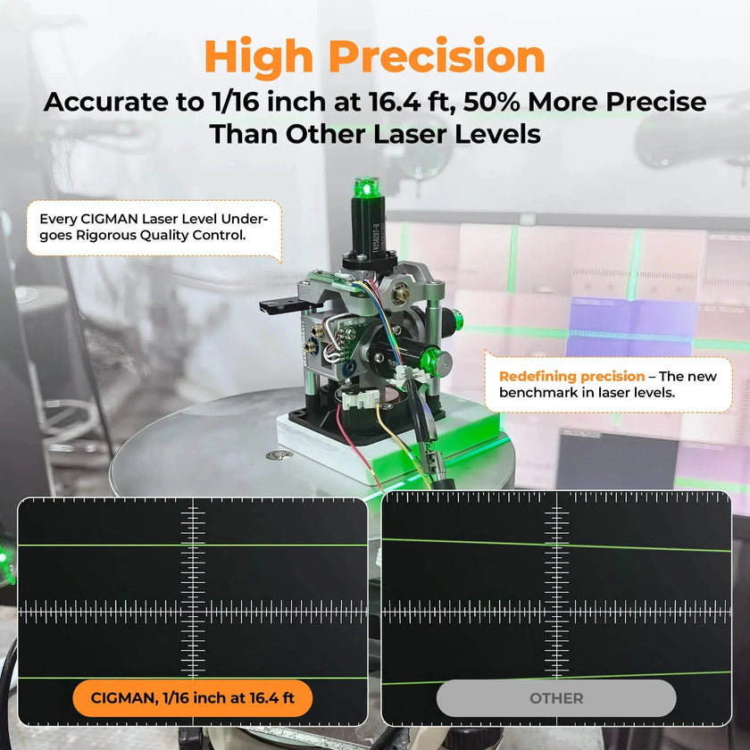CIGMAN laser level device on metal table showing high precision green laser lines and measurement comparison.