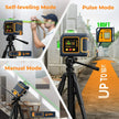 3-mode green laser level on tripod in construction and home settings, range up to 165ft.