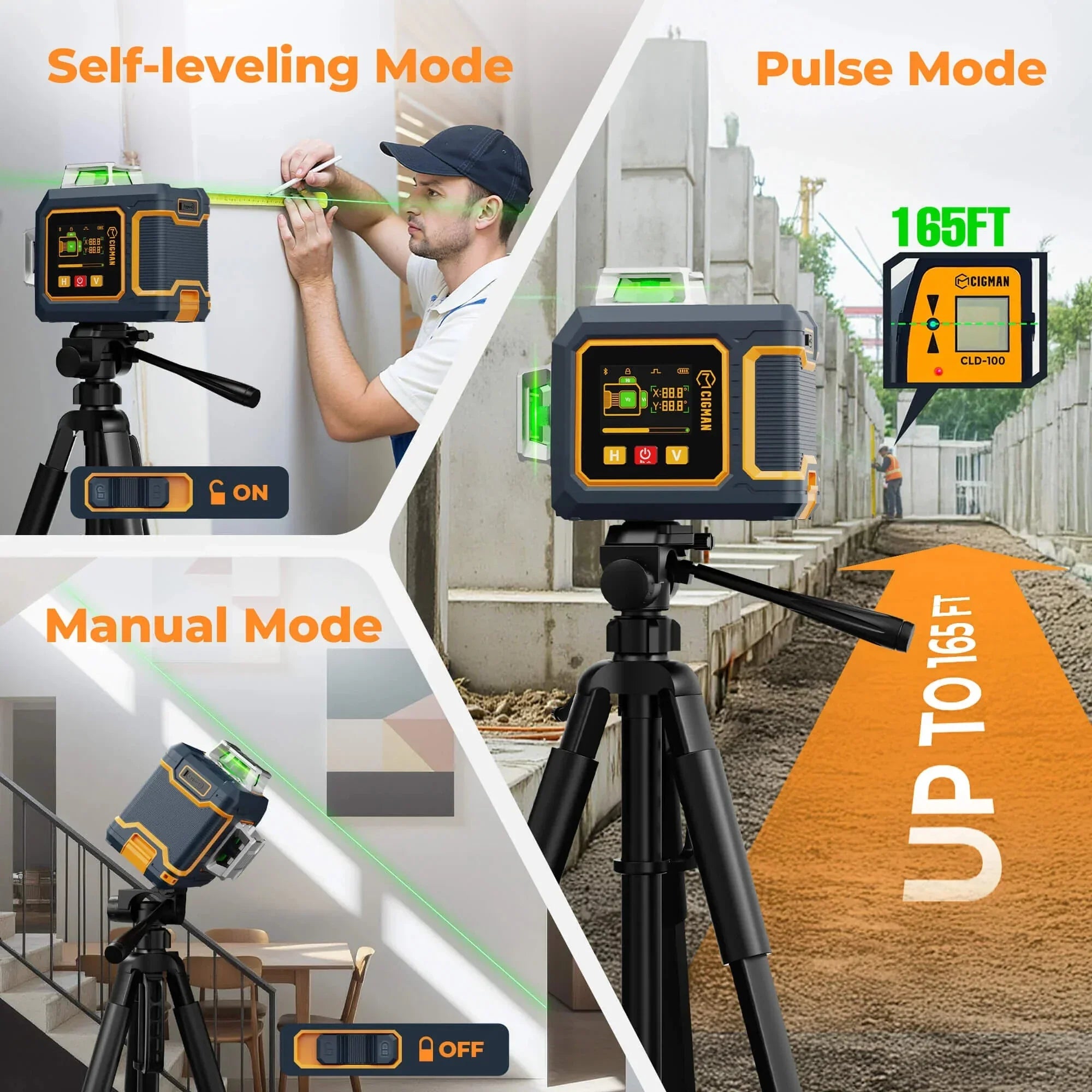 3-mode green laser level on tripod in construction and home settings, range up to 165ft.