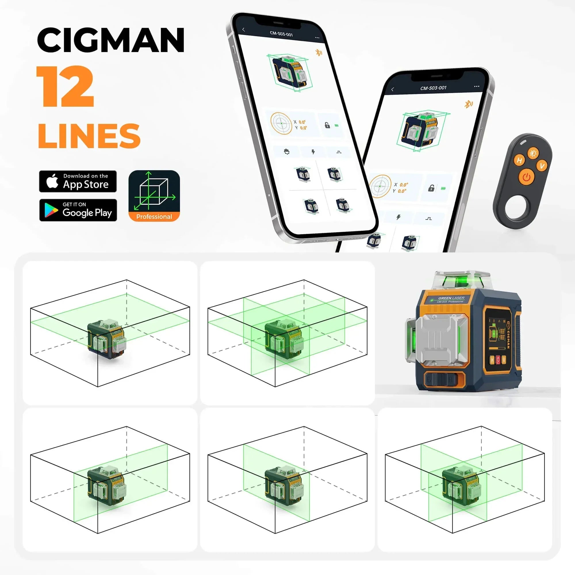 CIGMAN 12 lines laser level with app control, phone, remote, and green laser projection demo