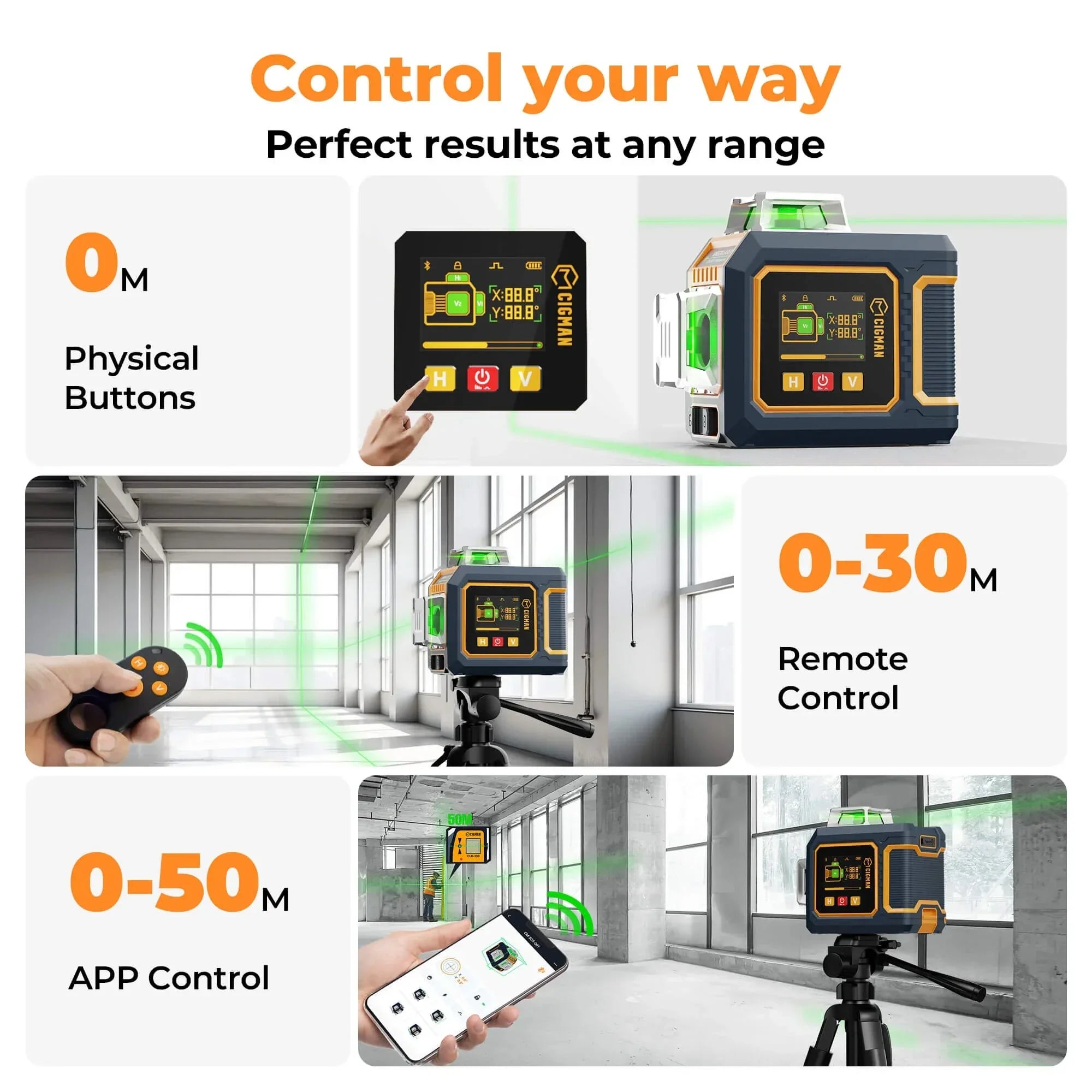 Laser level device with physical buttons, remote, and app control in an industrial room.