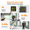 Laser level device with physical buttons, remote, and app control in an industrial room.