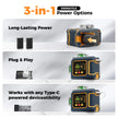 3-in-1 laser level power options with rechargeable battery, plug-in charging, and Type-C port
