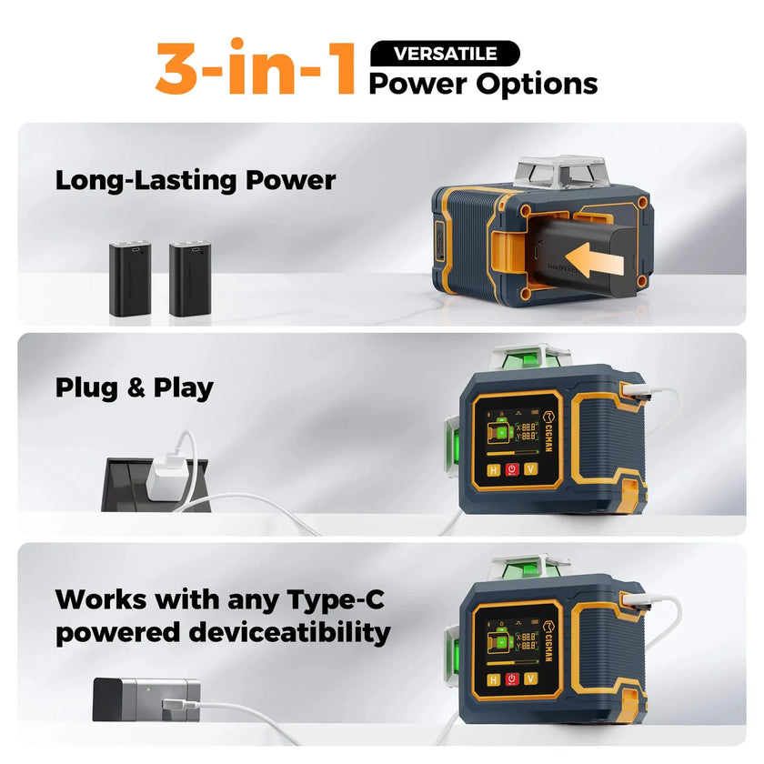 3-in-1 laser level power options with rechargeable battery, plug-in charging, and Type-C port