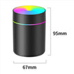 Black cylindrical container with rainbow LED lid, 95mm tall, 67mm wide.