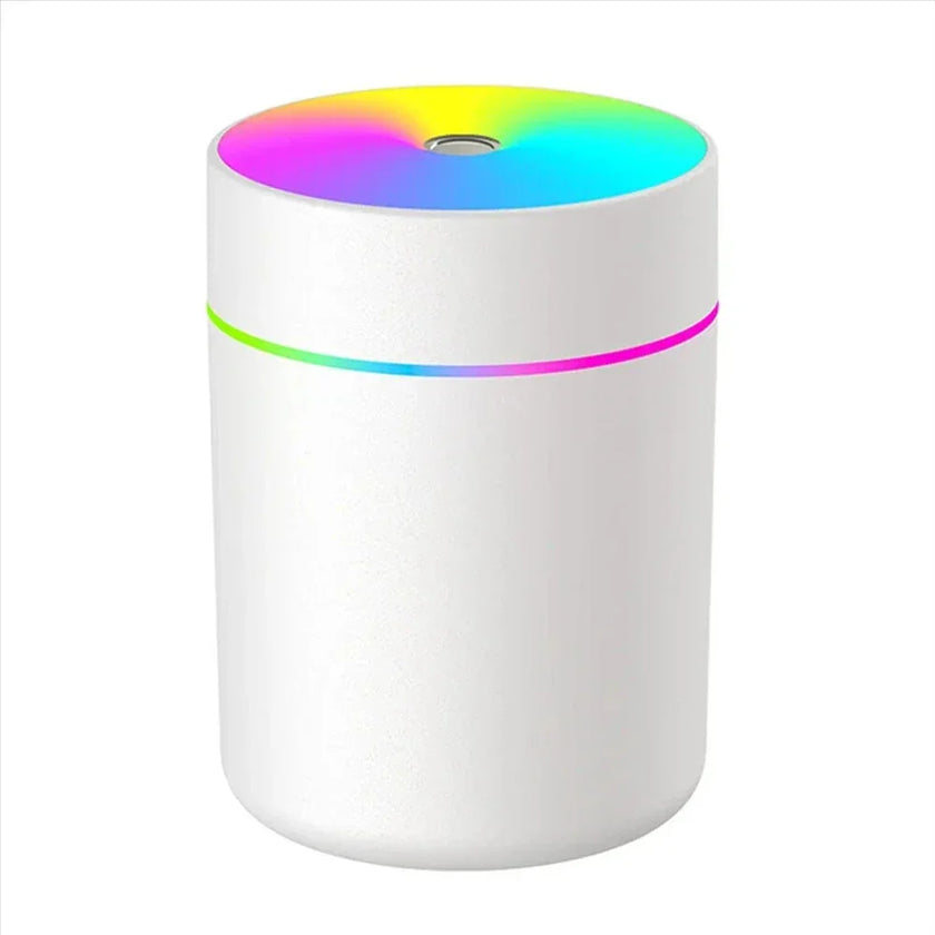 White cylindrical LED humidifier with multicolor light on top on white background
