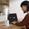 Woman working at laptop with video call, beside colorful LED humidifier on desk