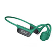 Green bone conduction Bluetooth headphones with digital display and buttons on a white background