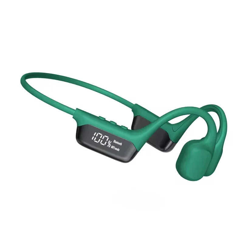Green bone conduction Bluetooth headphones with digital display and buttons on a white background