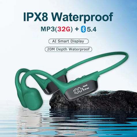 Green waterproof bone conduction headphones with AI display on a rock near water, IPX8 rated