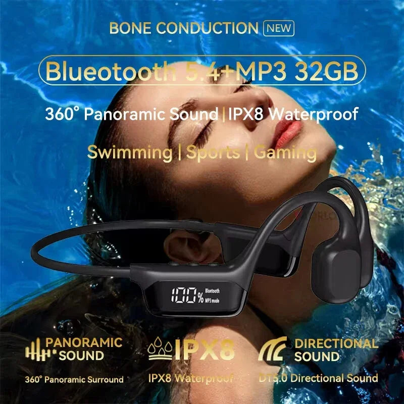 Bone conduction waterproof Bluetooth headphones for swimming, shown with a woman in a pool.
