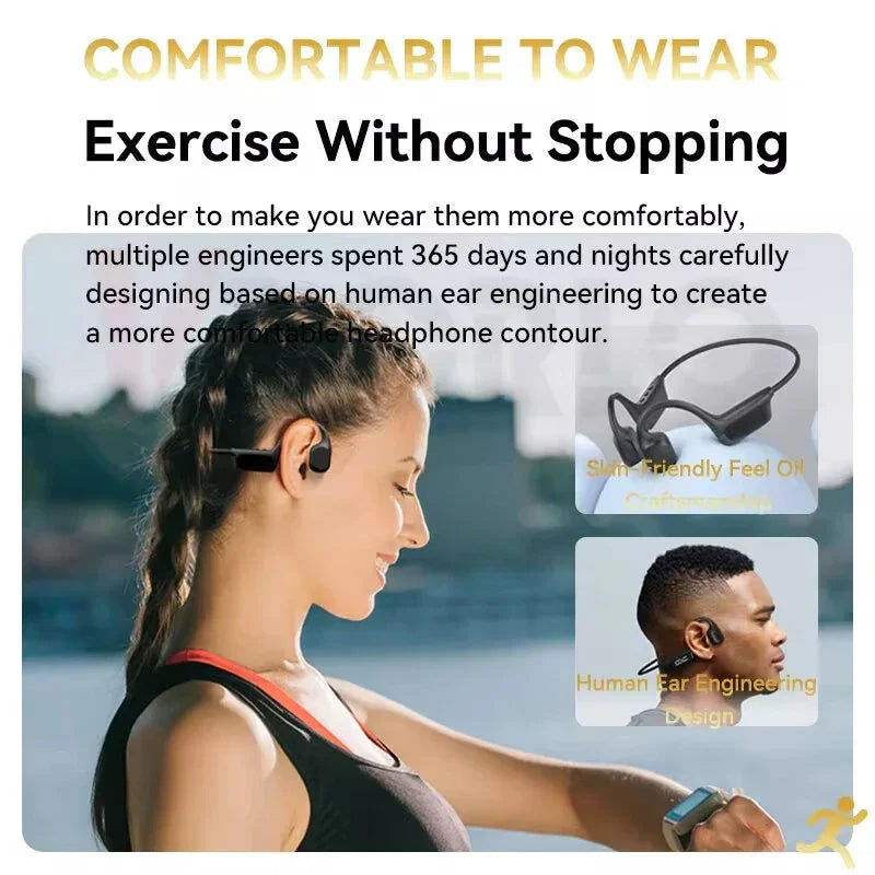 Woman jogging outdoors wearing black bone conduction headphones, fitness wearable, engineering design