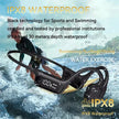 IPX8 waterproof bone conduction headphones for swimming, surfing, and water exercise, shown with a surfer.