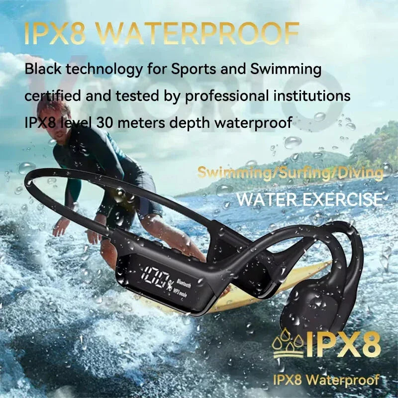 IPX8 waterproof bone conduction headphones for swimming, surfing, and water exercise, shown with a surfer.