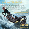 IPX8 waterproof bone conduction headphones for swimming, surfing, and water exercise, shown with a surfer.