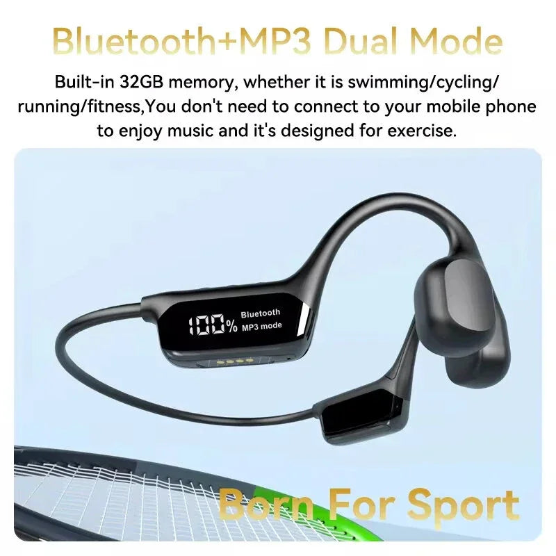 Bluetooth MP3 sports headphones with 32GB memory floating above a tennis racket