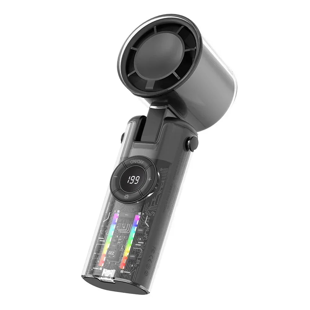 Digital hair dryer with LED display and transparent design on white background