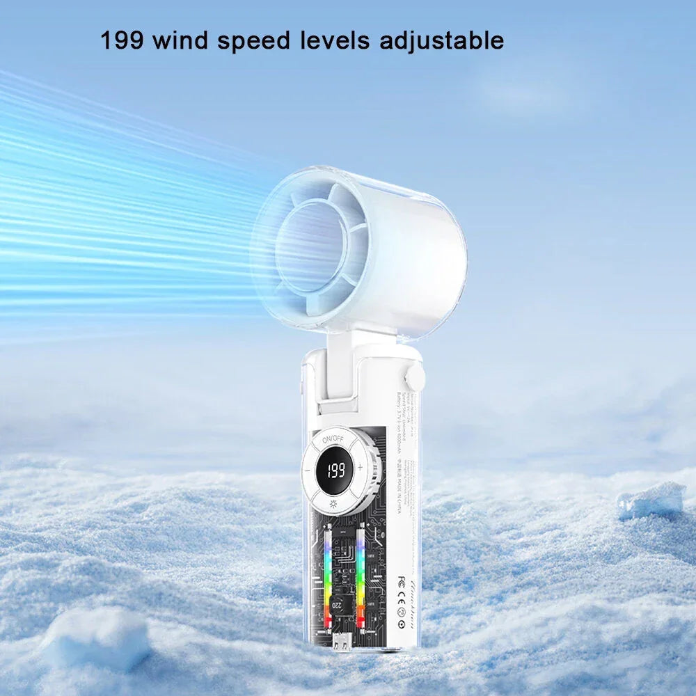 Adjustable portable fan with digital display on snowy surface, 199 wind speed levels