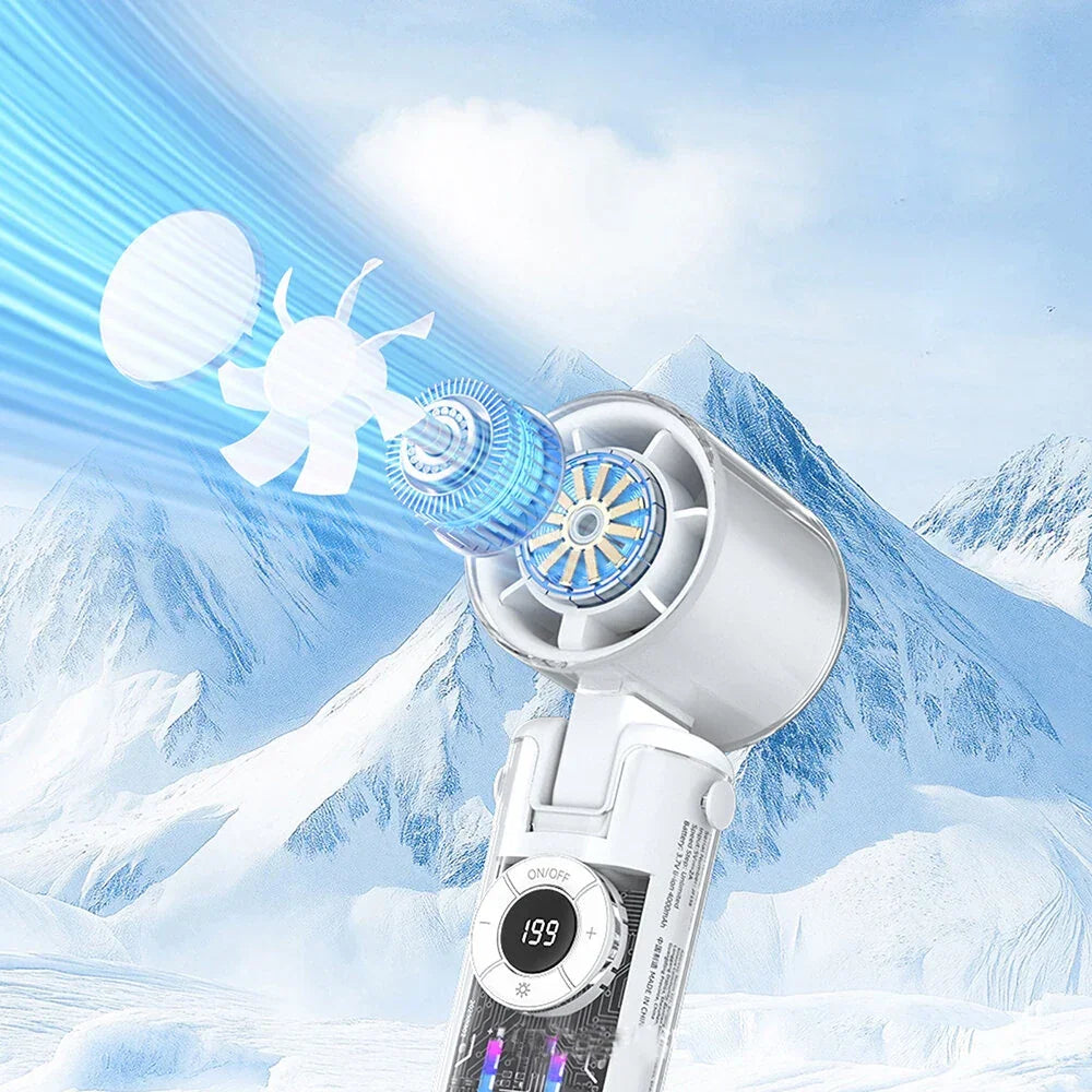 Digital handheld hair dryer with cool air technology and mountain background