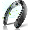 Black wearable neck fan with LED display blowing air and green leaves on white background